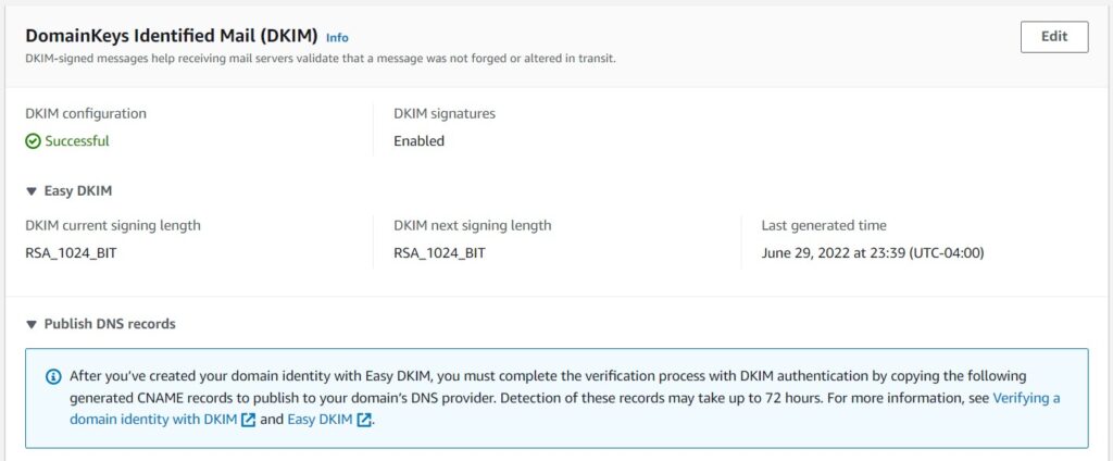 Amazon SES DKIM Configuration Example
