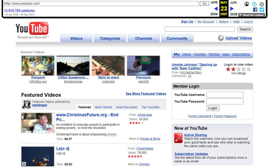 YouTube.com as seen in 2007 from the Wayback Machine.